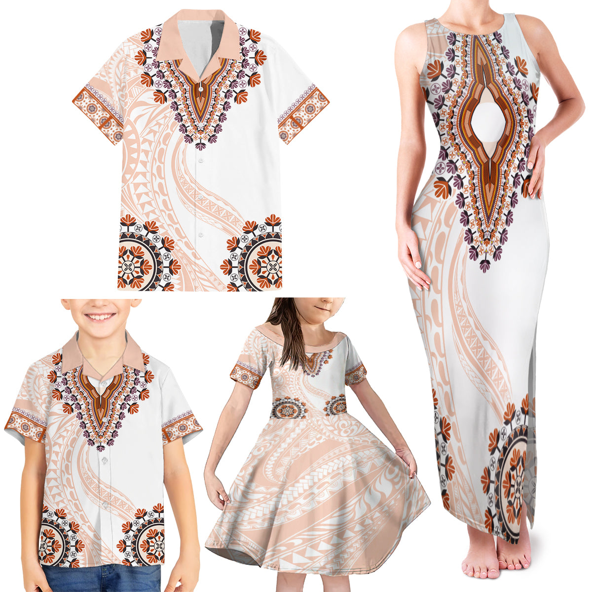 Africa Dashiki Family Matching Tank Maxi Dress and Hawaiian Shirt With Polynesian Pattern Beige Version LT05 - Polynesian Pride