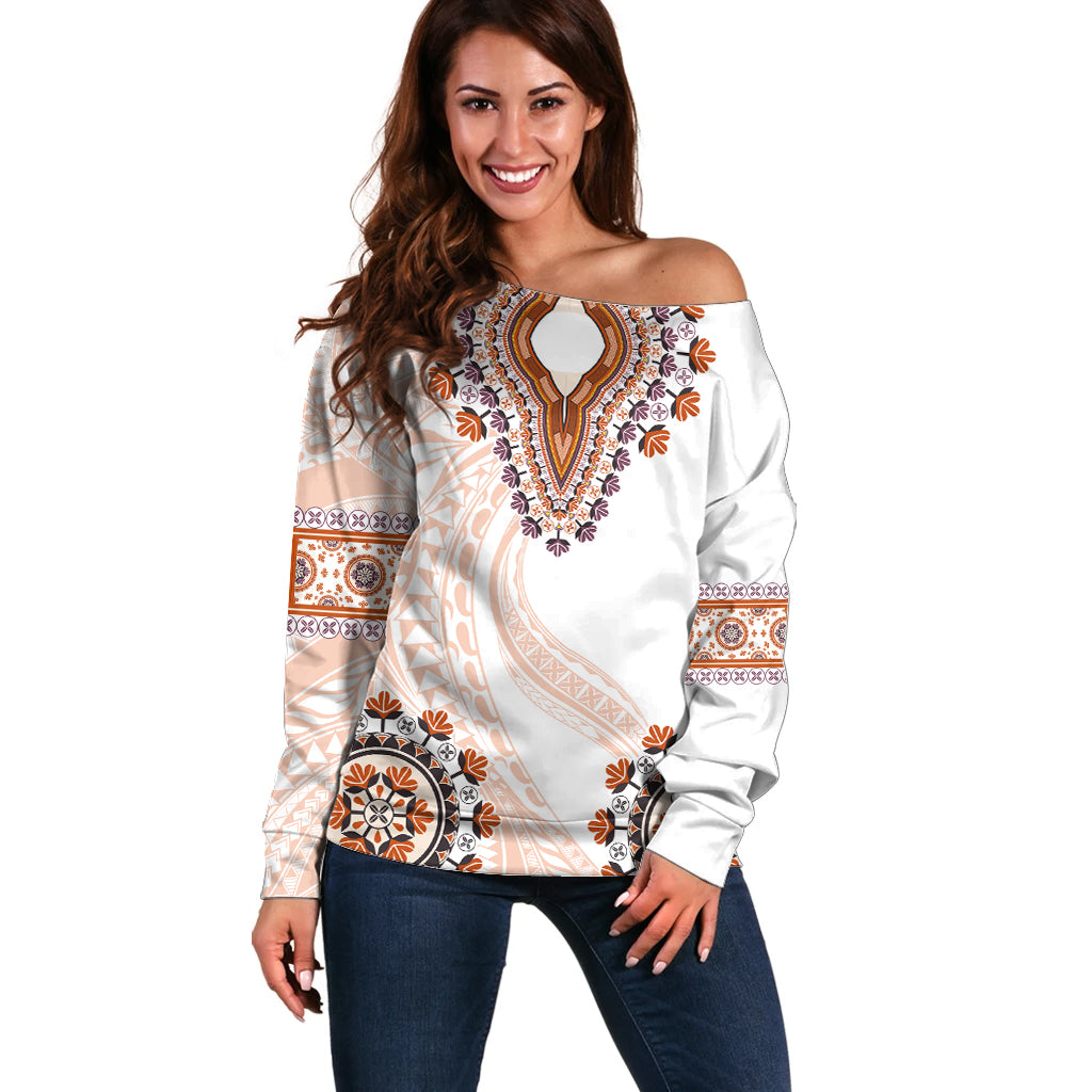 Africa Dashiki Off Shoulder Sweater With Polynesian Pattern Beige Version LT05 Women Beige - Polynesian Pride
