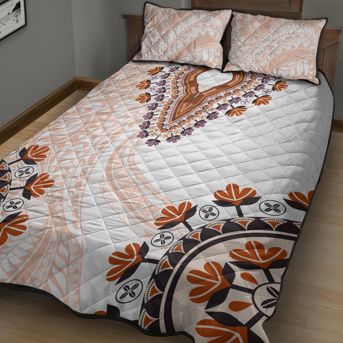 Africa Dashiki Quilt Bed Set With Polynesian Pattern Beige Version