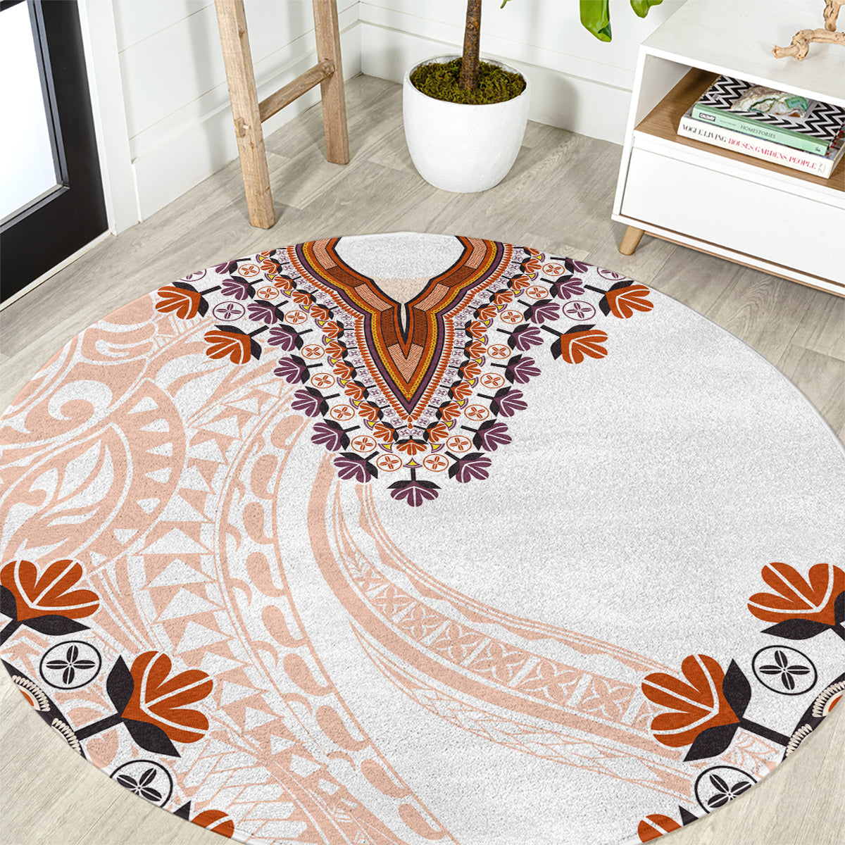 Africa Dashiki Round Carpet With Polynesian Pattern Beige Version