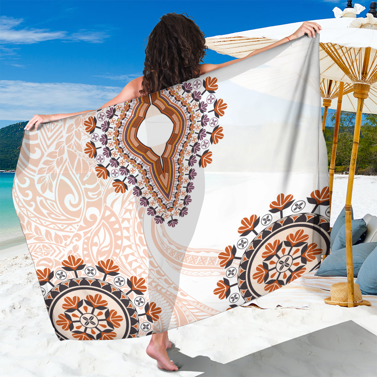 Africa Dashiki Sarong With Polynesian Pattern Beige Version