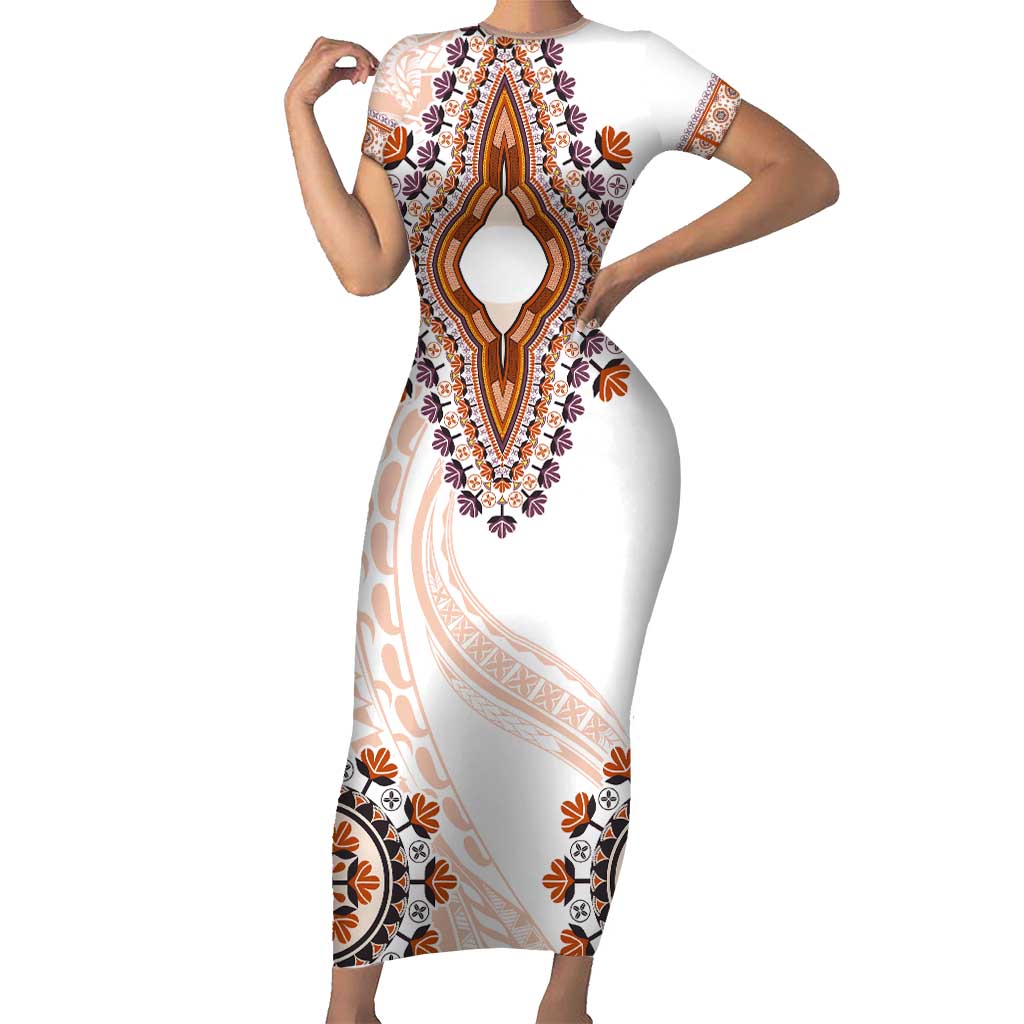 Africa Dashiki Short Sleeve Bodycon Dress With Polynesian Pattern Beige Version LT05