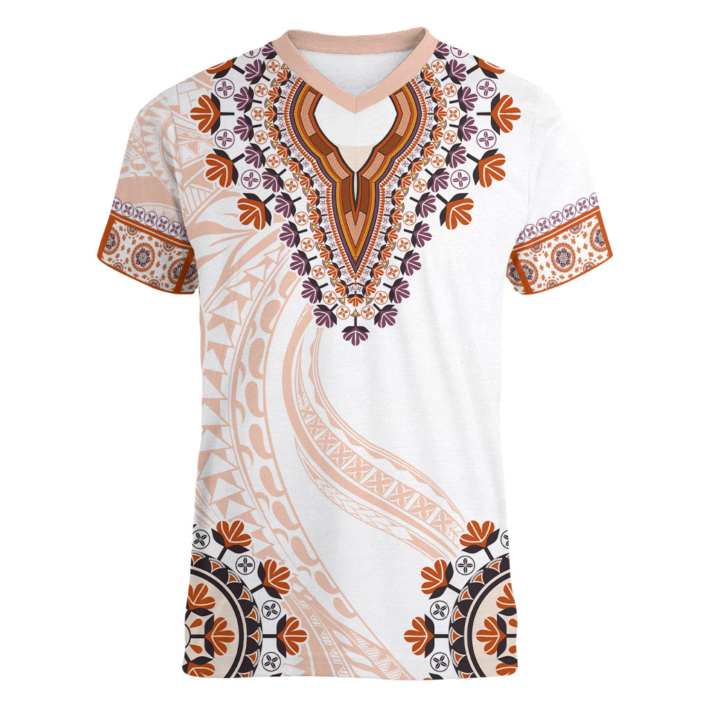 Africa Dashiki Women V Neck T Shirt With Polynesian Pattern Beige Version LT05 Female Beige - Polynesian Pride