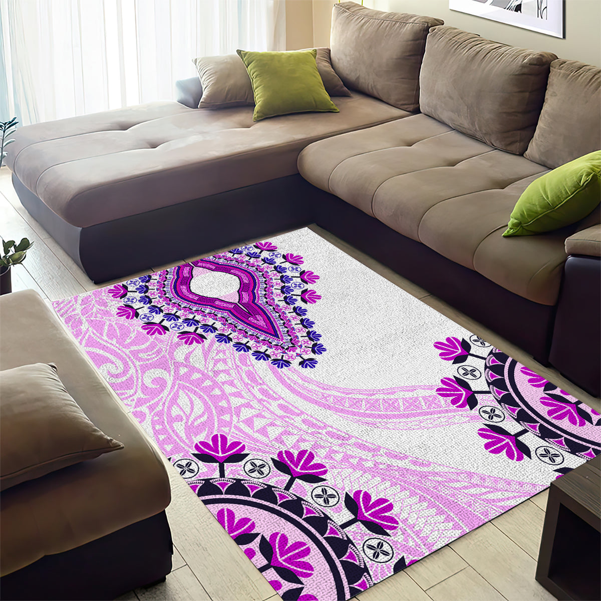 Africa Dashiki Area Rug With Polynesian Pattern Pink Version