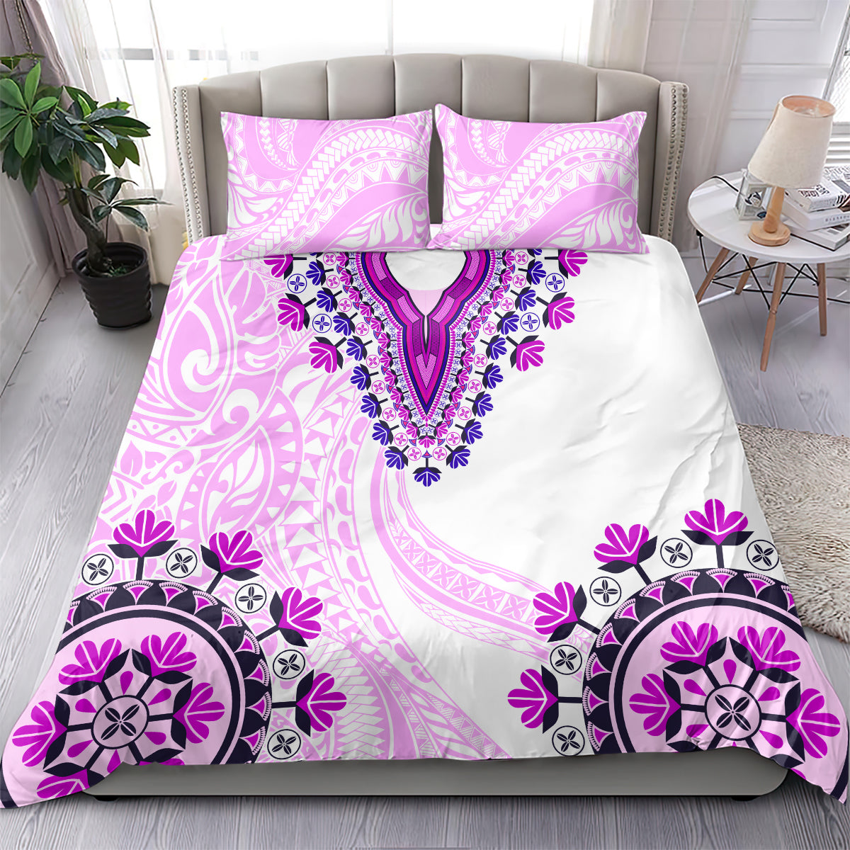 Africa Dashiki Bedding Set With Polynesian Pattern Pink Version