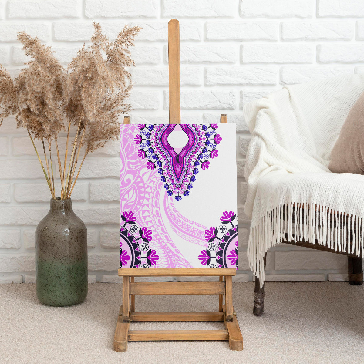 Africa Dashiki Canvas Wall Art With Polynesian Pattern Pink Version