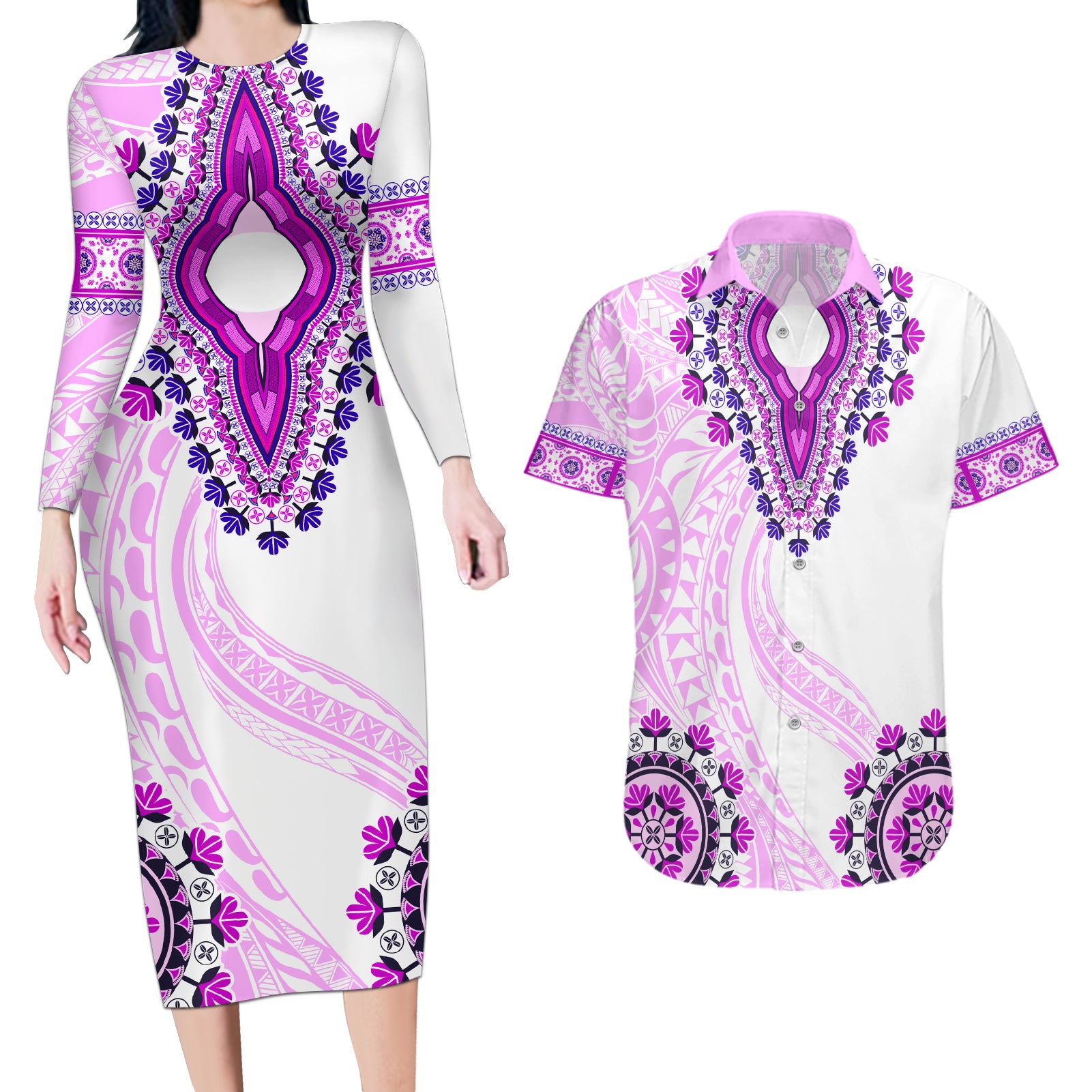 Africa Dashiki Couples Matching Long Sleeve Bodycon Dress and Hawaiian Shirt With Polynesian Pattern Pink Version LT05 Pink - Polynesian Pride