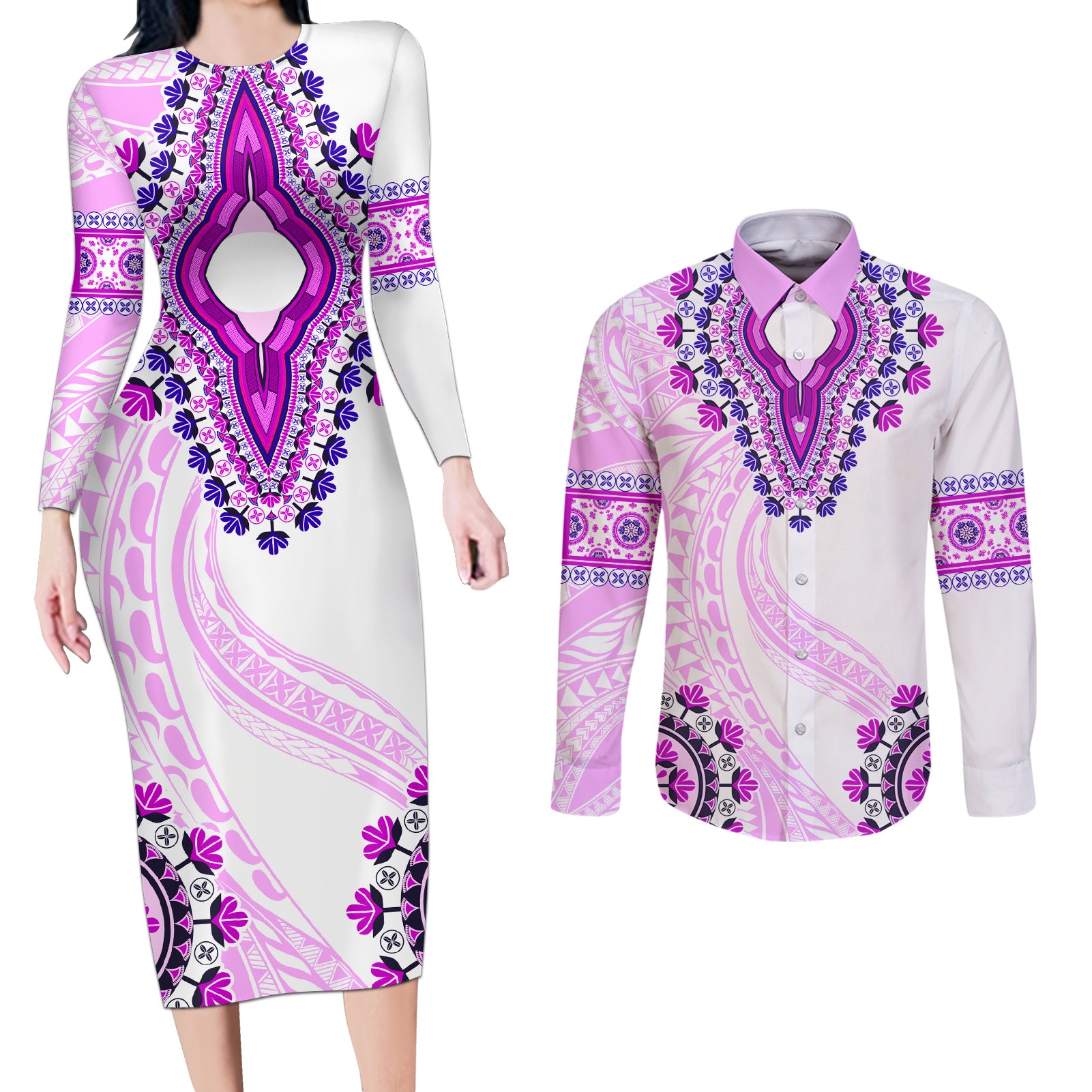 Africa Dashiki Couples Matching Long Sleeve Bodycon Dress and Long Sleeve Button Shirt With Polynesian Pattern Pink Version LT05 Pink - Polynesian Pride