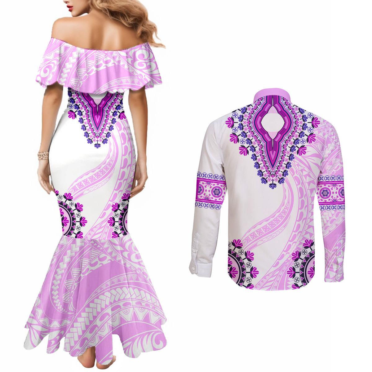 Africa Dashiki Couples Matching Mermaid Dress and Long Sleeve Button Shirt With Polynesian Pattern Pink Version LT05 - Polynesian Pride