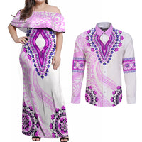 Africa Dashiki Couples Matching Off Shoulder Maxi Dress and Long Sleeve Button Shirt With Polynesian Pattern Pink Version LT05 Pink - Polynesian Pride