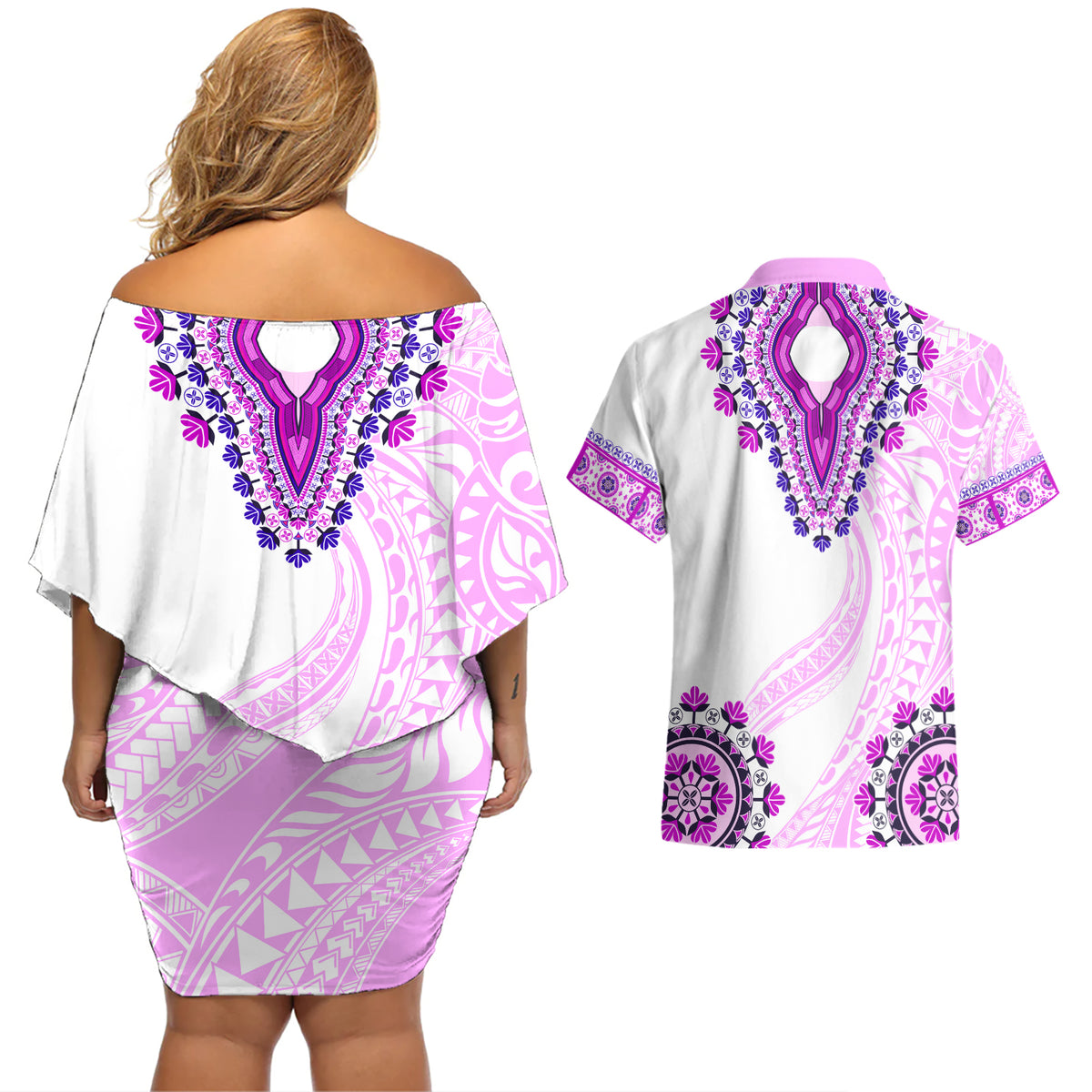 Africa Dashiki Couples Matching Off Shoulder Short Dress and Hawaiian Shirt With Polynesian Pattern Pink Version LT05 - Polynesian Pride