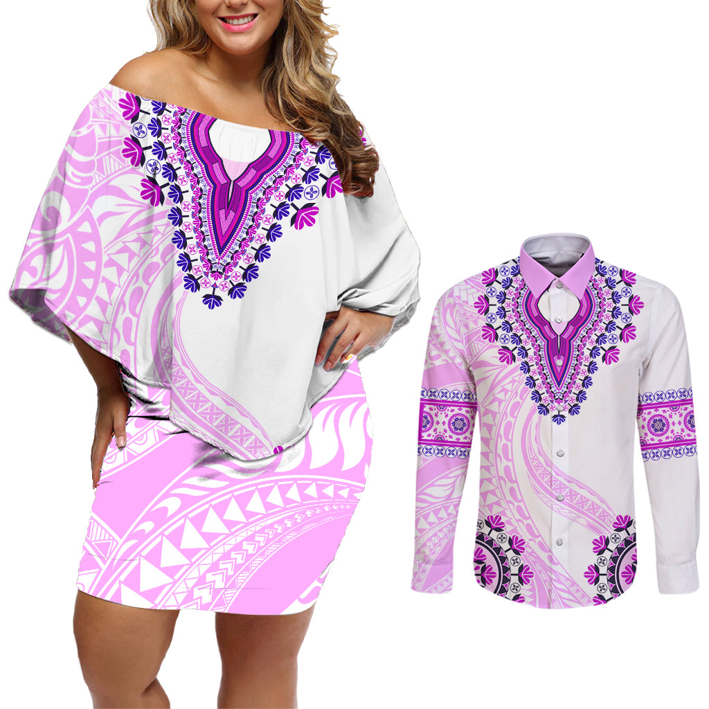 Africa Dashiki Couples Matching Off Shoulder Short Dress and Long Sleeve Button Shirt With Polynesian Pattern Pink Version LT05 Pink - Polynesian Pride