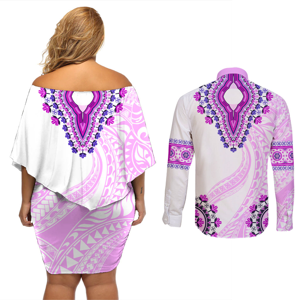 Africa Dashiki Couples Matching Off Shoulder Short Dress and Long Sleeve Button Shirt With Polynesian Pattern Pink Version LT05 - Polynesian Pride