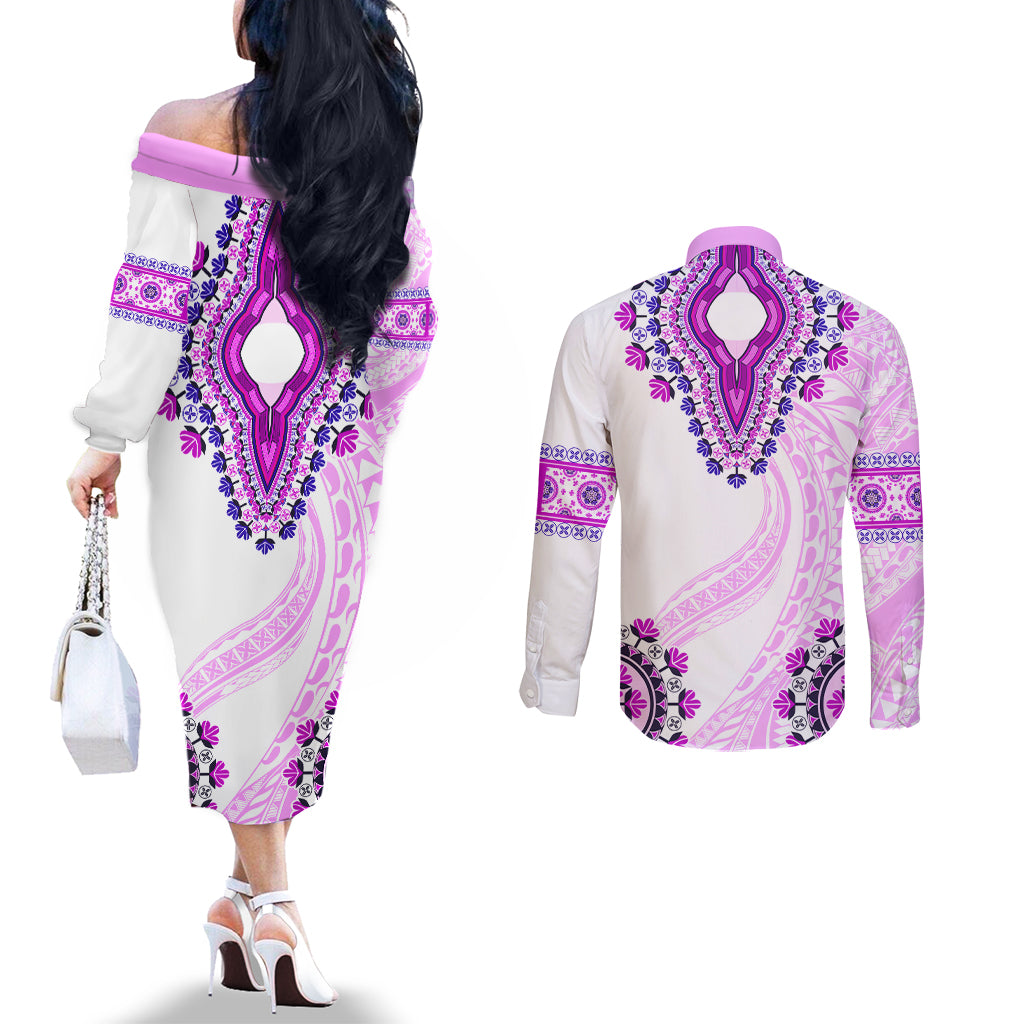 Africa Dashiki Couples Matching Off The Shoulder Long Sleeve Dress and Long Sleeve Button Shirt With Polynesian Pattern Pink Version LT05 - Polynesian Pride
