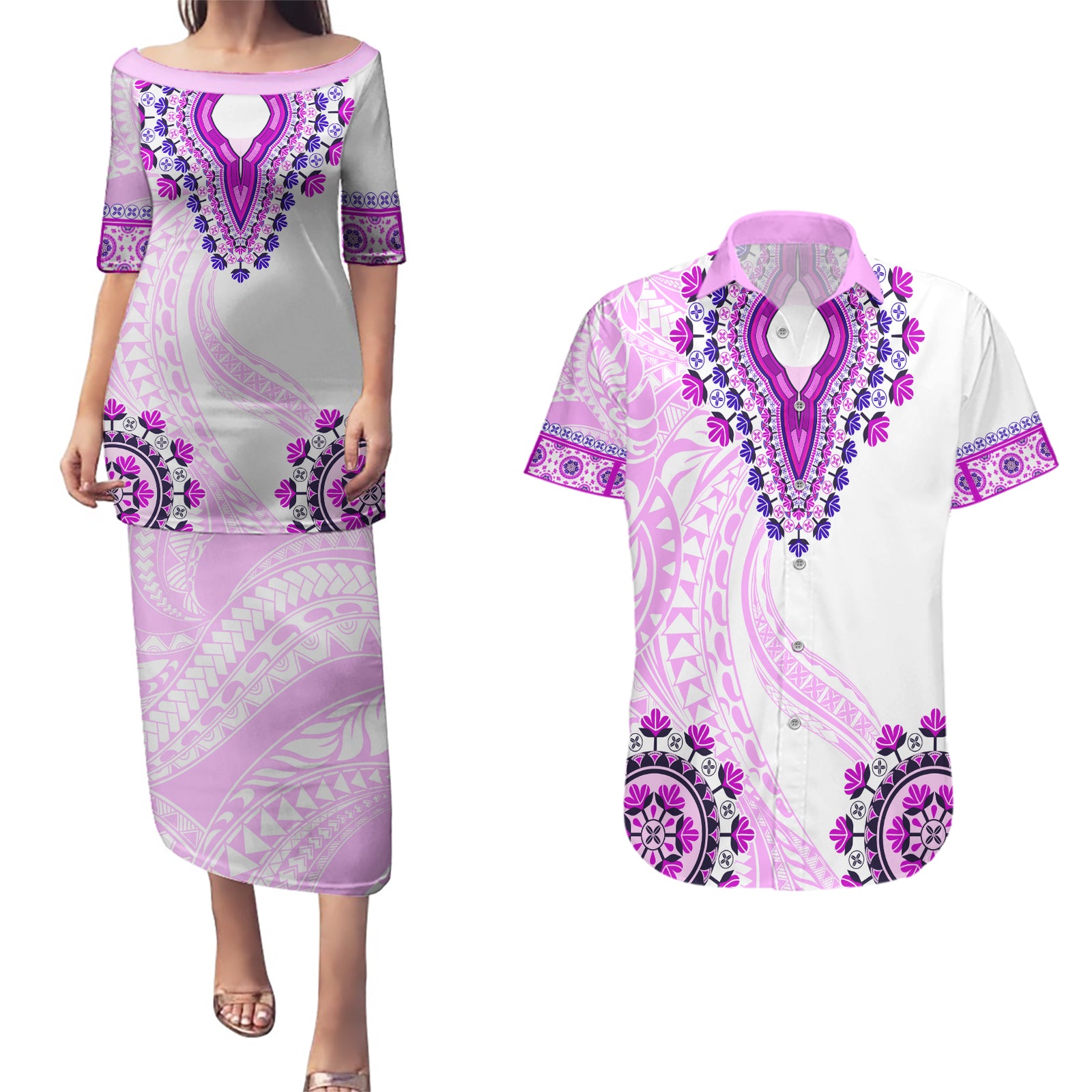 Africa Dashiki Couples Matching Puletasi and Hawaiian Shirt With Polynesian Pattern Pink Version LT05 Pink - Polynesian Pride