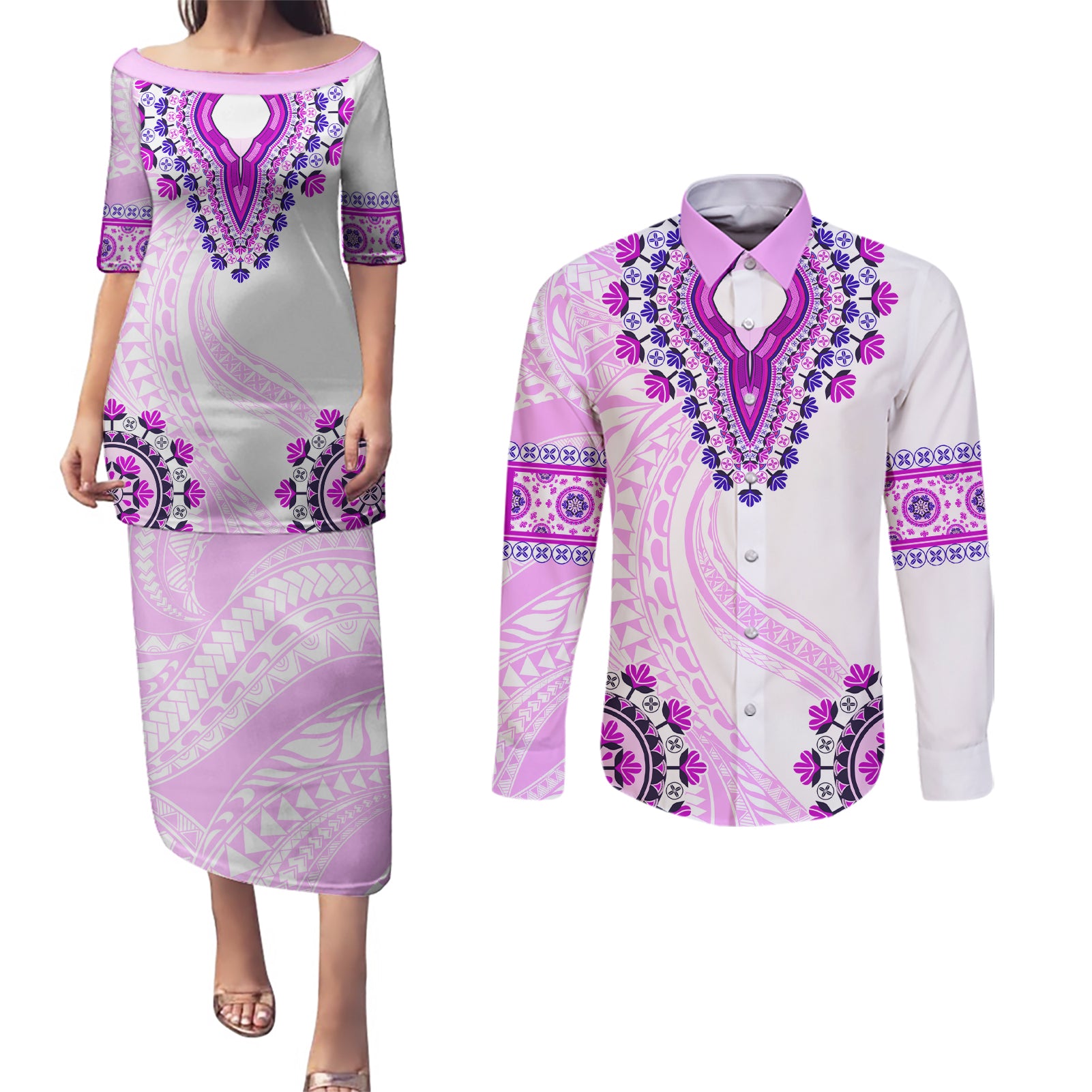 Africa Dashiki Couples Matching Puletasi and Long Sleeve Button Shirt With Polynesian Pattern Pink Version LT05 Pink - Polynesian Pride