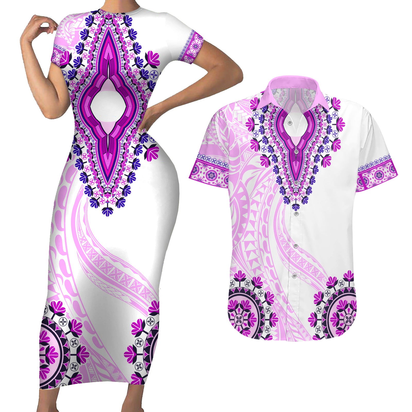 Africa Dashiki Couples Matching Short Sleeve Bodycon Dress and Hawaiian Shirt With Polynesian Pattern Pink Version LT05 Pink - Polynesian Pride