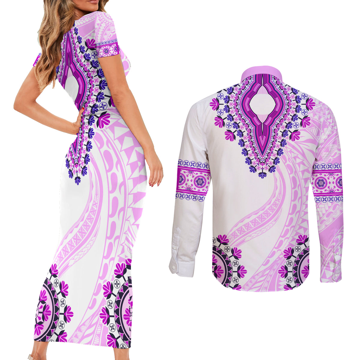 Africa Dashiki Couples Matching Short Sleeve Bodycon Dress and Long Sleeve Button Shirt With Polynesian Pattern Pink Version LT05 - Polynesian Pride