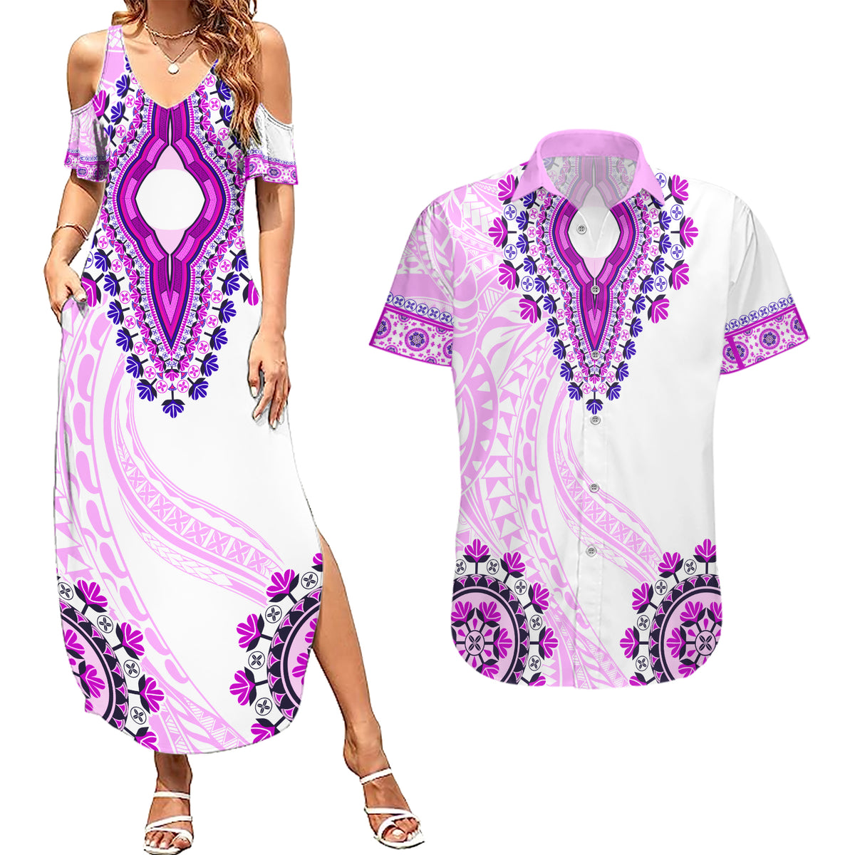 Africa Dashiki Couples Matching Summer Maxi Dress and Hawaiian Shirt With Polynesian Pattern Pink Version LT05 Pink - Polynesian Pride