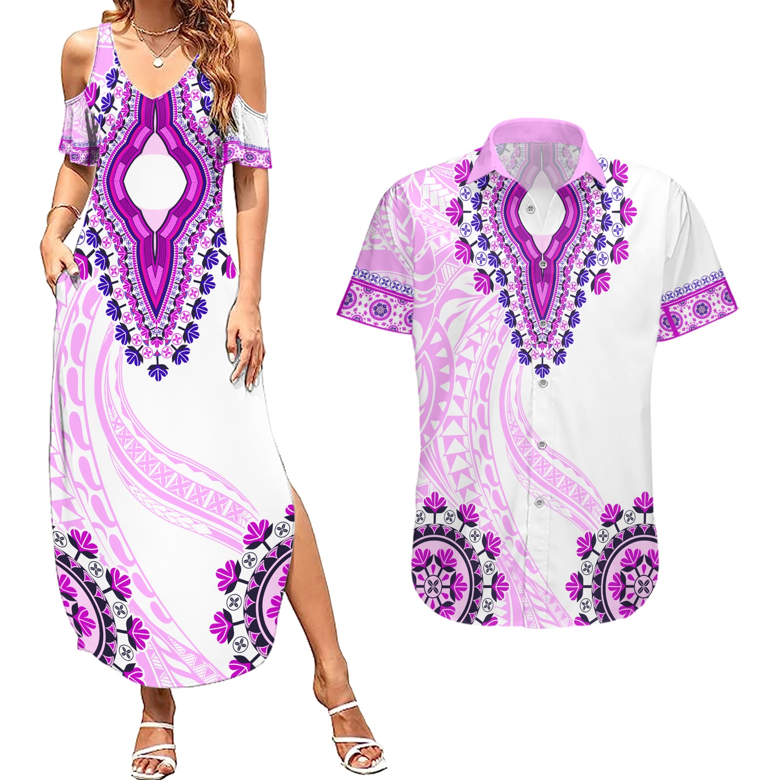 Africa Dashiki Couples Matching Summer Maxi Dress and Hawaiian Shirt With Polynesian Pattern Pink Version LT05 Pink - Polynesian Pride