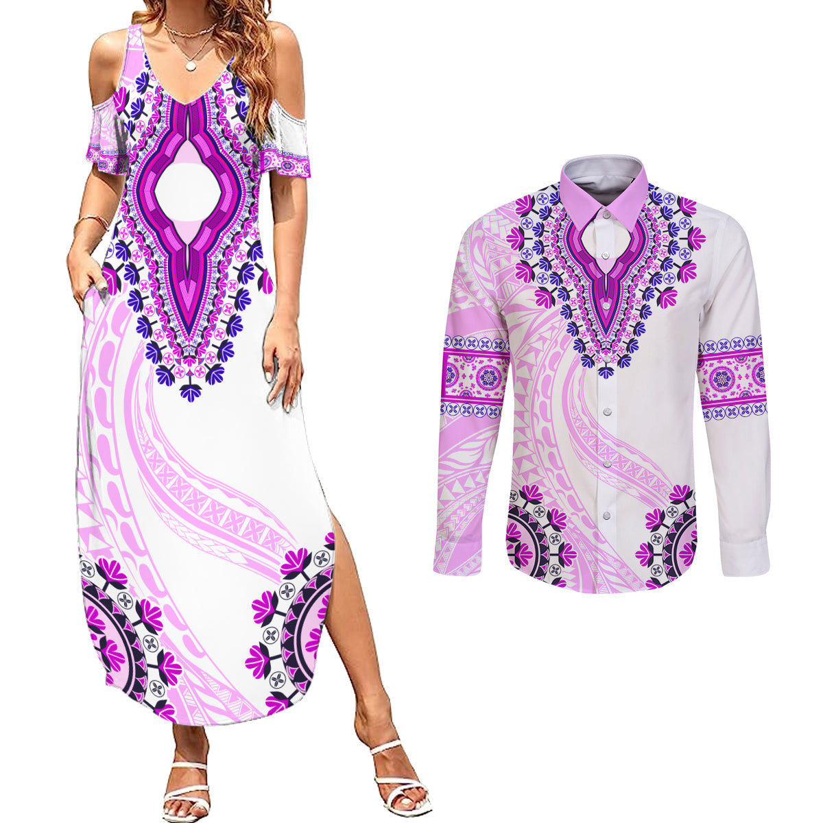 Africa Dashiki Couples Matching Summer Maxi Dress and Long Sleeve Button Shirt With Polynesian Pattern Pink Version LT05 Pink - Polynesian Pride