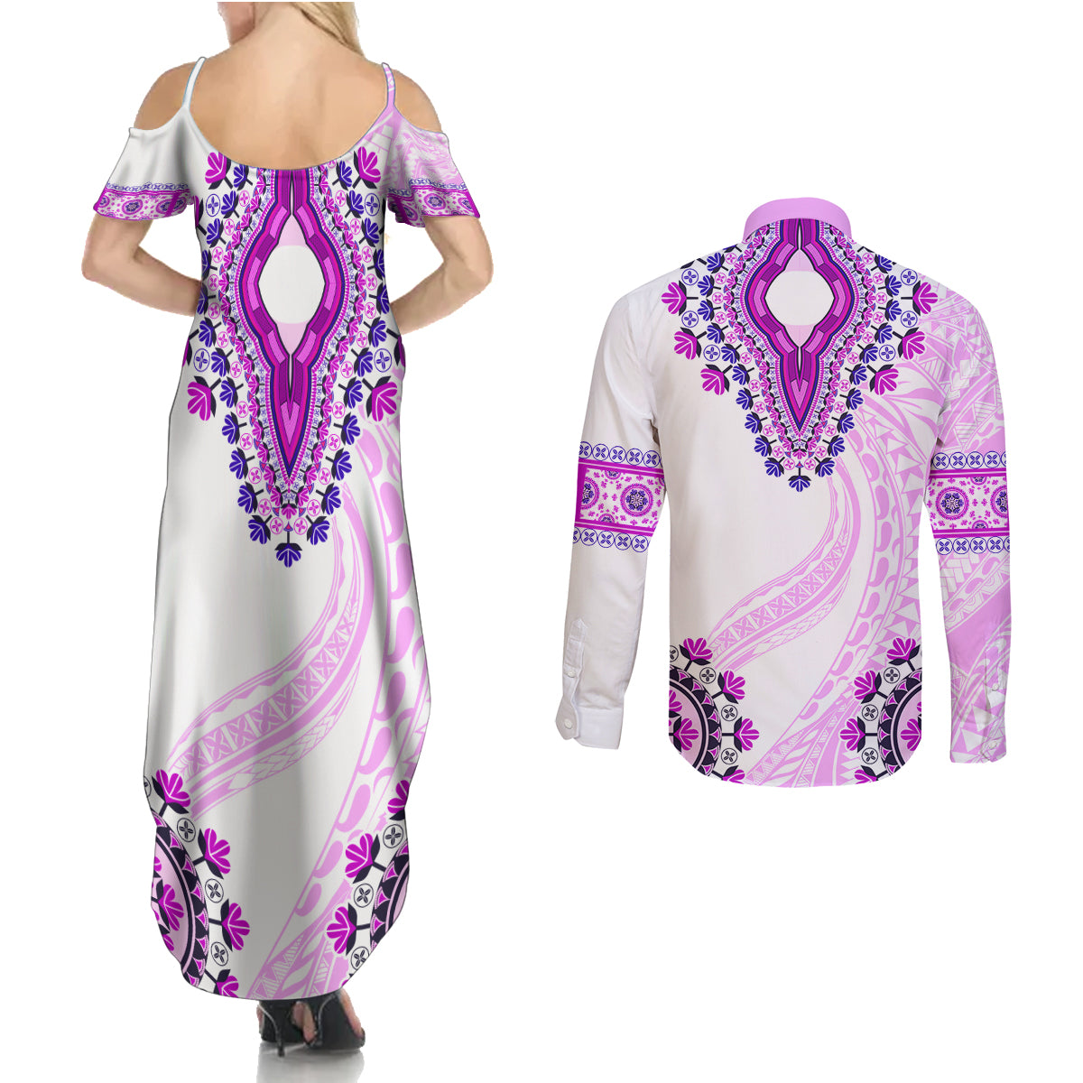 Africa Dashiki Couples Matching Summer Maxi Dress and Long Sleeve Button Shirt With Polynesian Pattern Pink Version LT05 - Polynesian Pride