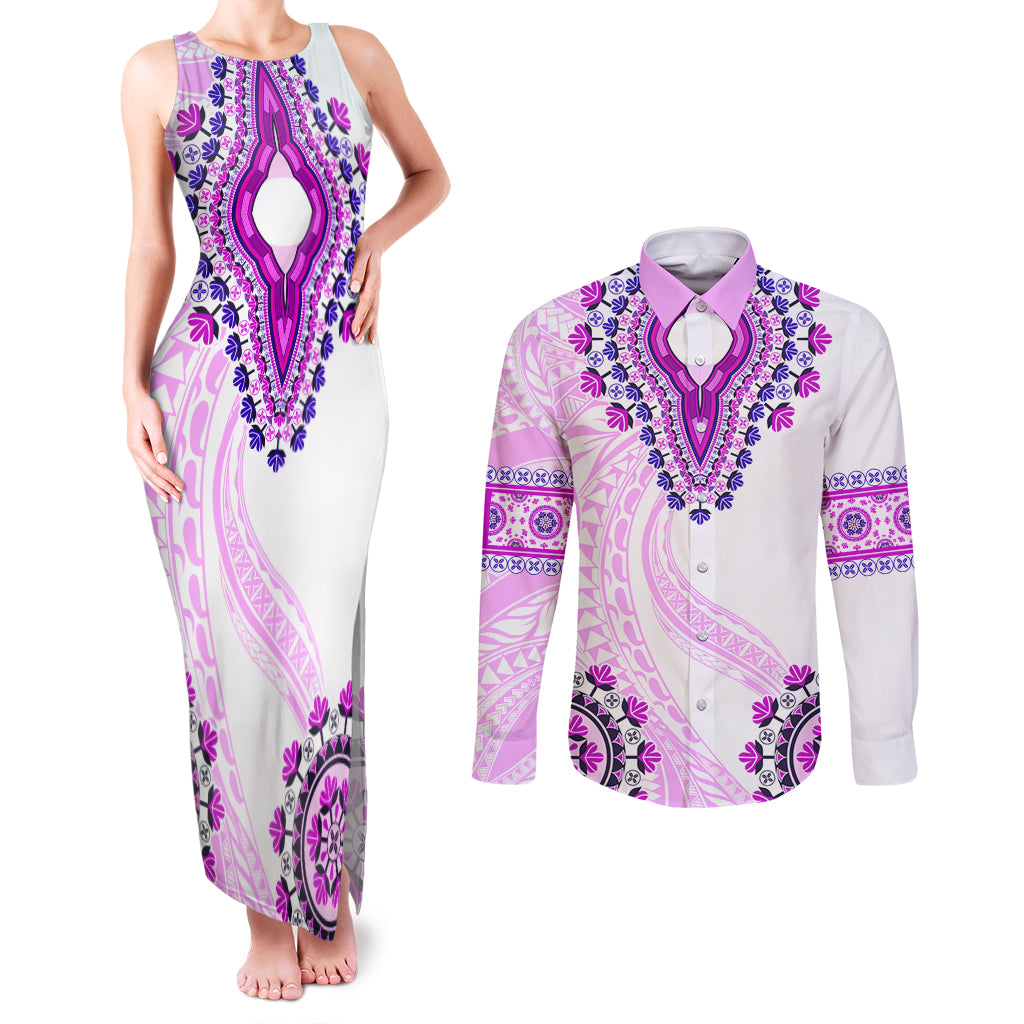 Africa Dashiki Couples Matching Tank Maxi Dress and Long Sleeve Button Shirt With Polynesian Pattern Pink Version LT05 Pink - Polynesian Pride