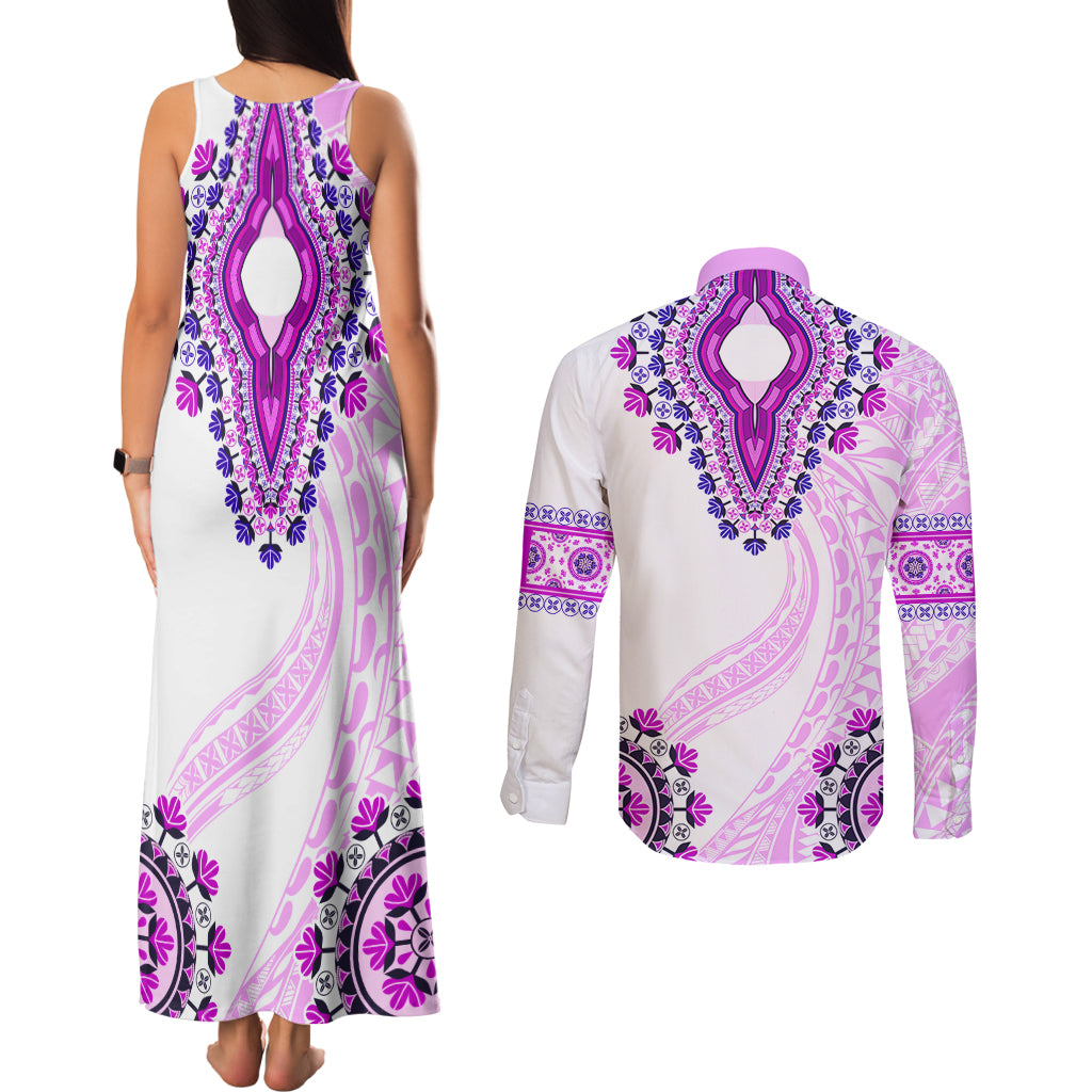 Africa Dashiki Couples Matching Tank Maxi Dress and Long Sleeve Button Shirt With Polynesian Pattern Pink Version LT05 - Polynesian Pride