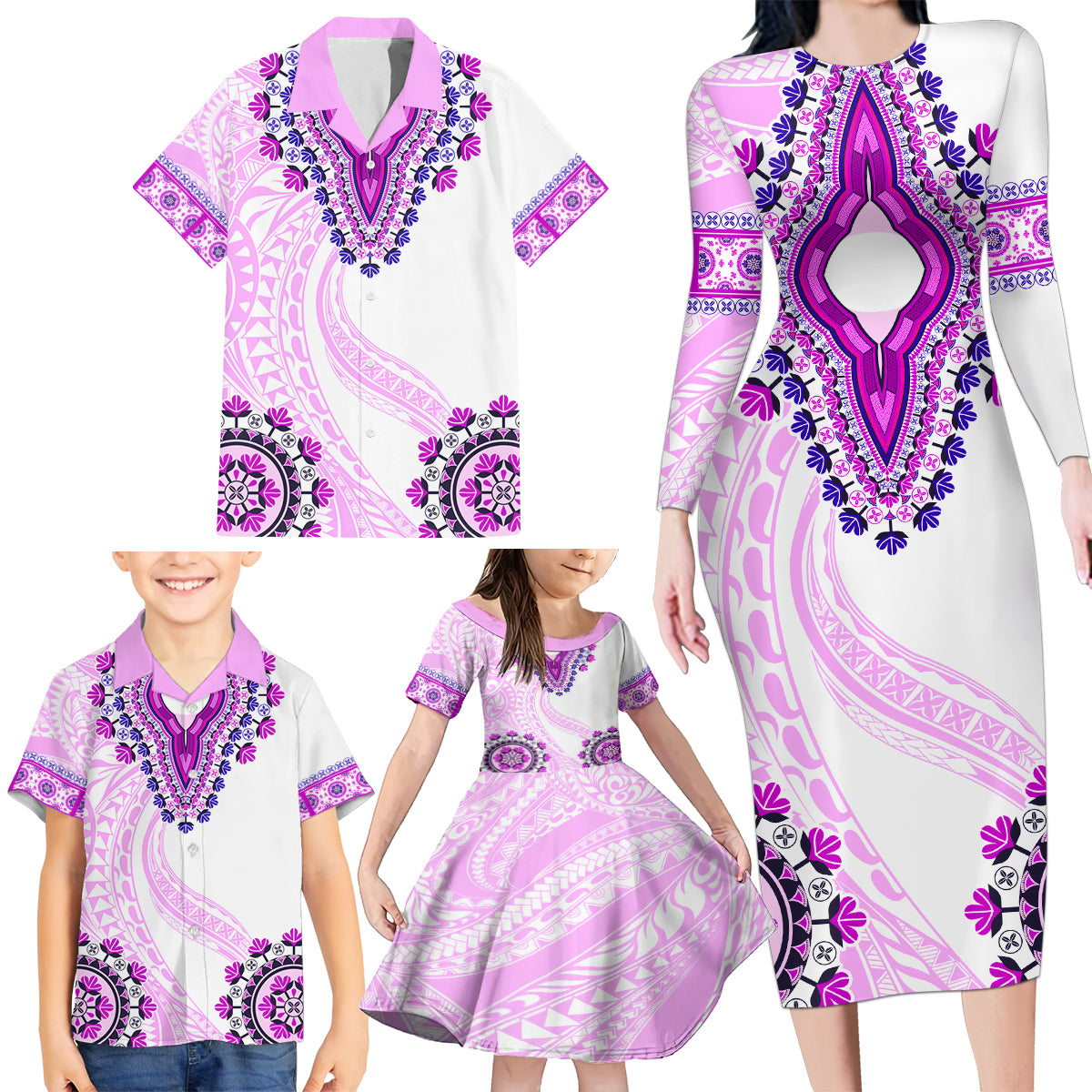 Africa Dashiki Family Matching Long Sleeve Bodycon Dress and Hawaiian Shirt With Polynesian Pattern Pink Version LT05 - Polynesian Pride