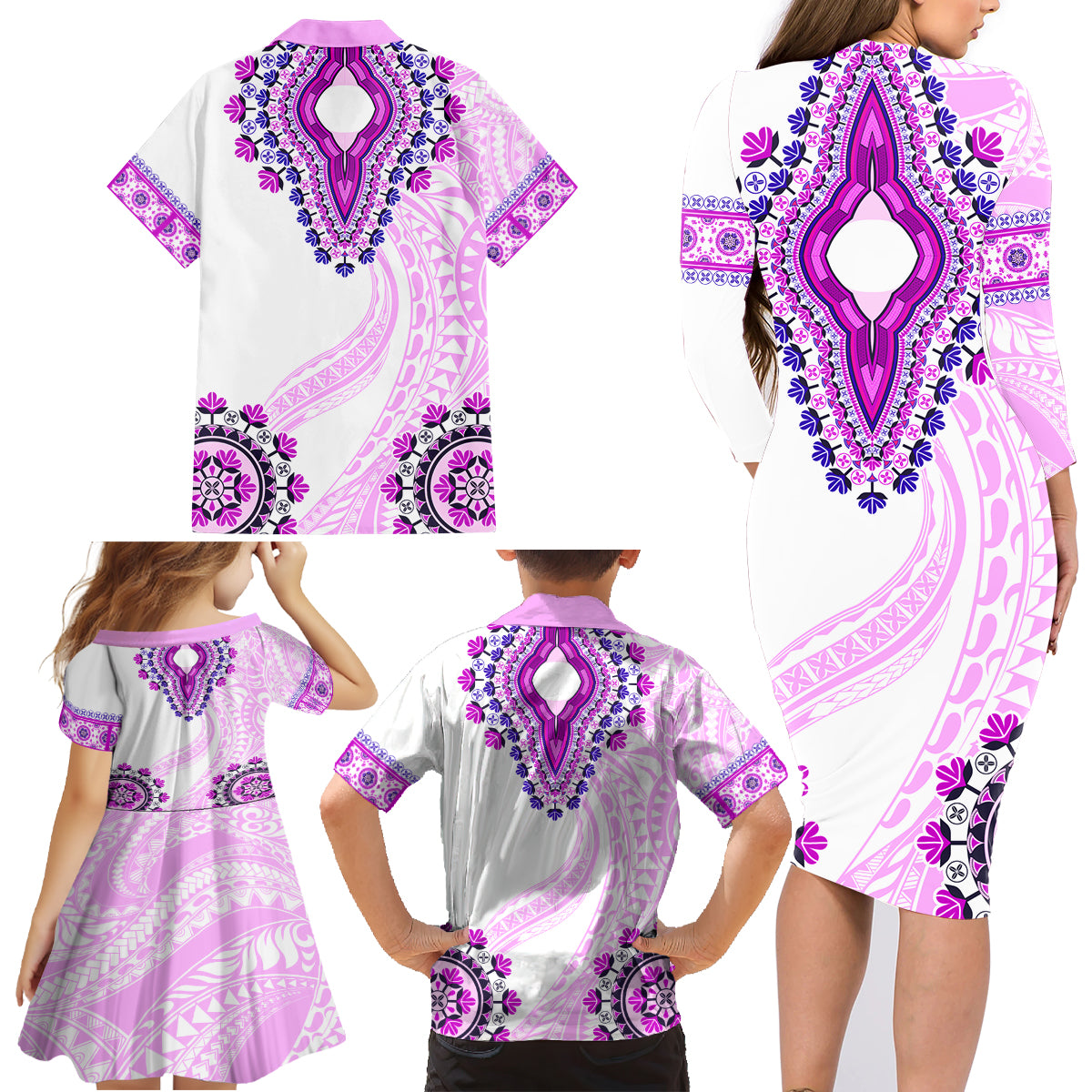 Africa Dashiki Family Matching Long Sleeve Bodycon Dress and Hawaiian Shirt With Polynesian Pattern Pink Version LT05 - Polynesian Pride