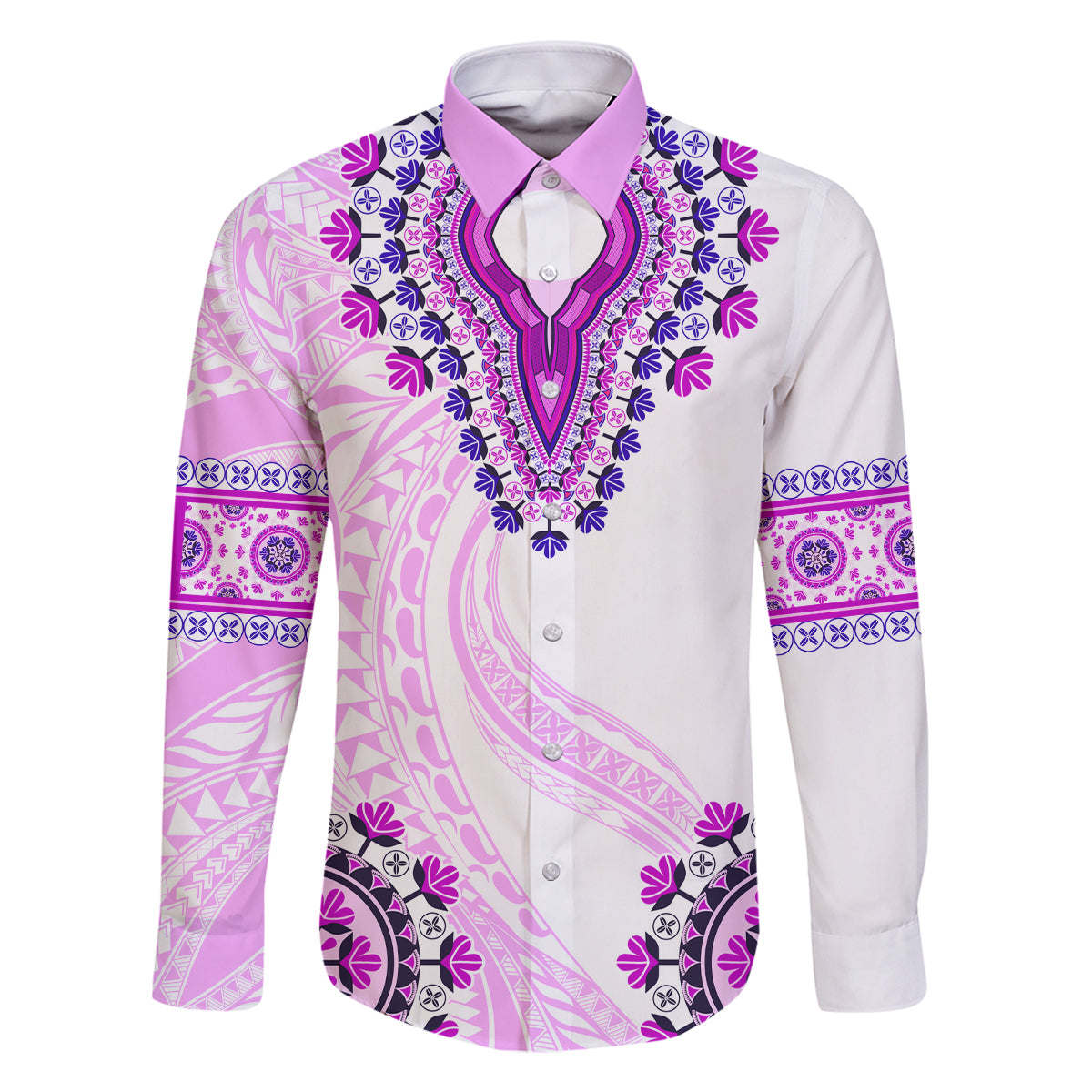 Africa Dashiki Family Matching Mermaid Dress and Hawaiian Shirt With Polynesian Pattern Pink Version LT05 Dad's Shirt - Long Sleeve Pink - Polynesian Pride