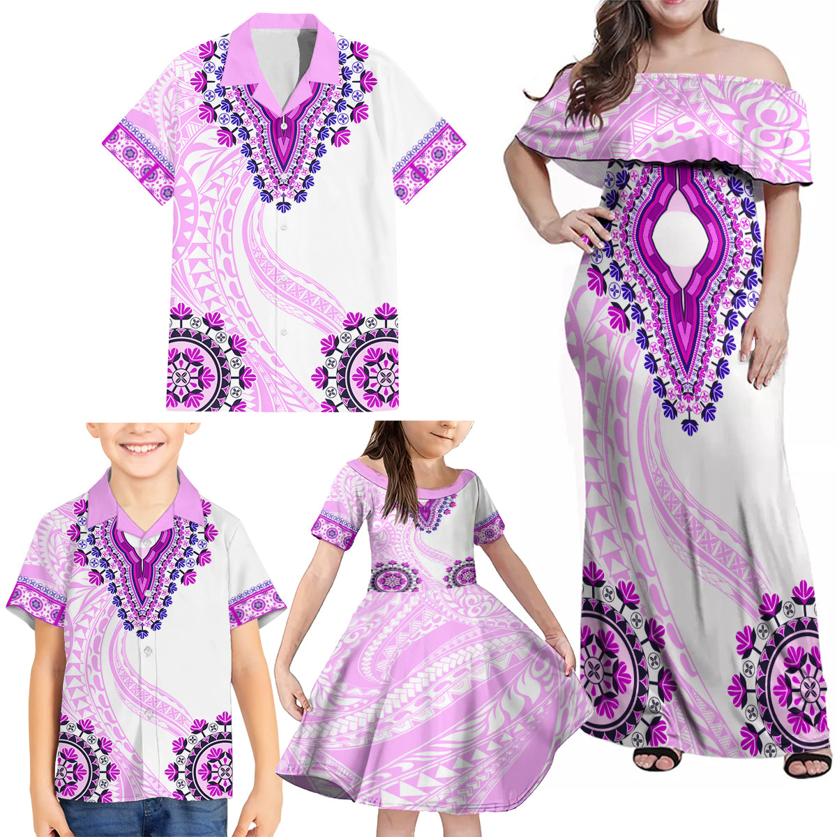 Africa Dashiki Family Matching Off Shoulder Maxi Dress and Hawaiian Shirt With Polynesian Pattern Pink Version LT05 - Polynesian Pride