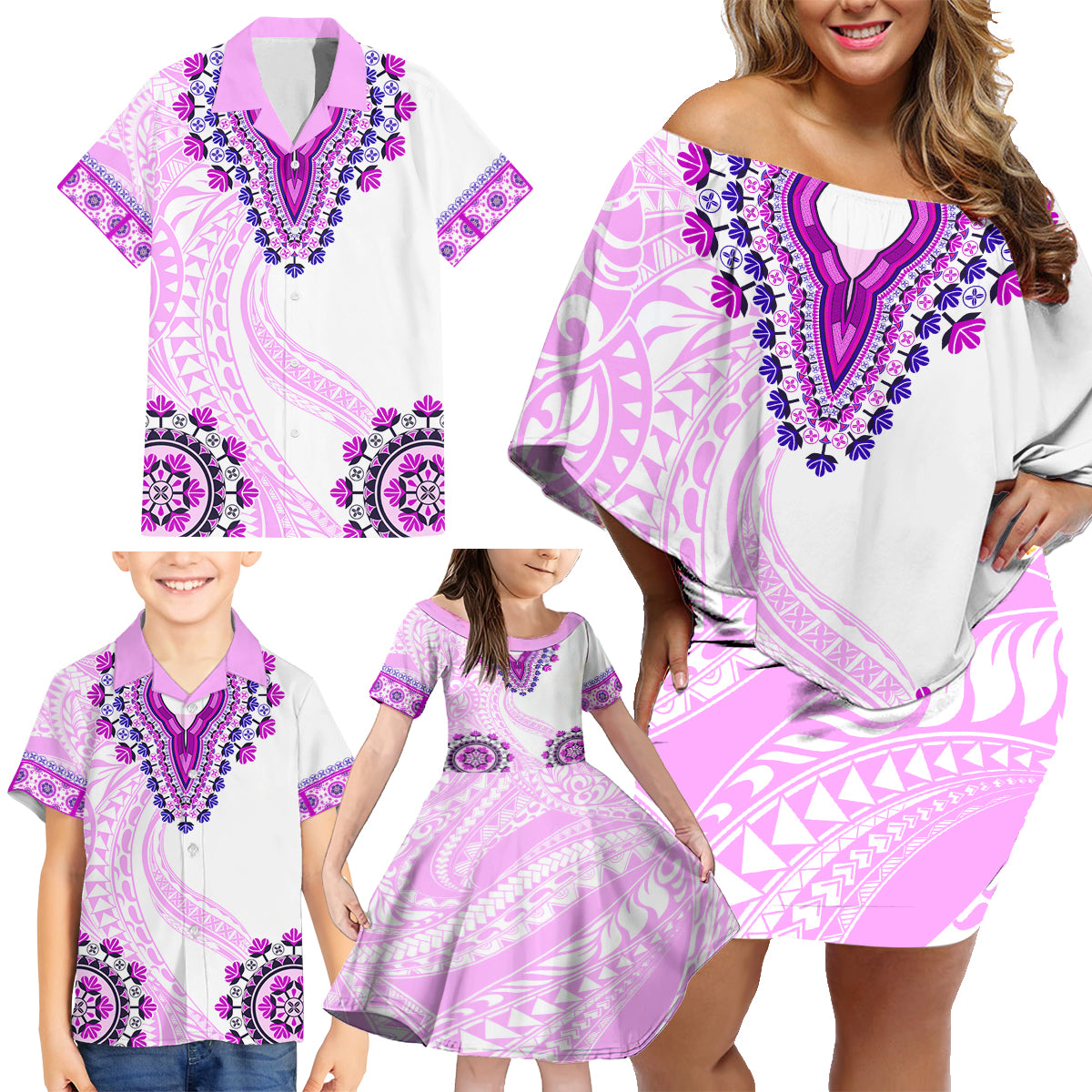 Africa Dashiki Family Matching Off Shoulder Short Dress and Hawaiian Shirt With Polynesian Pattern Pink Version LT05 - Polynesian Pride