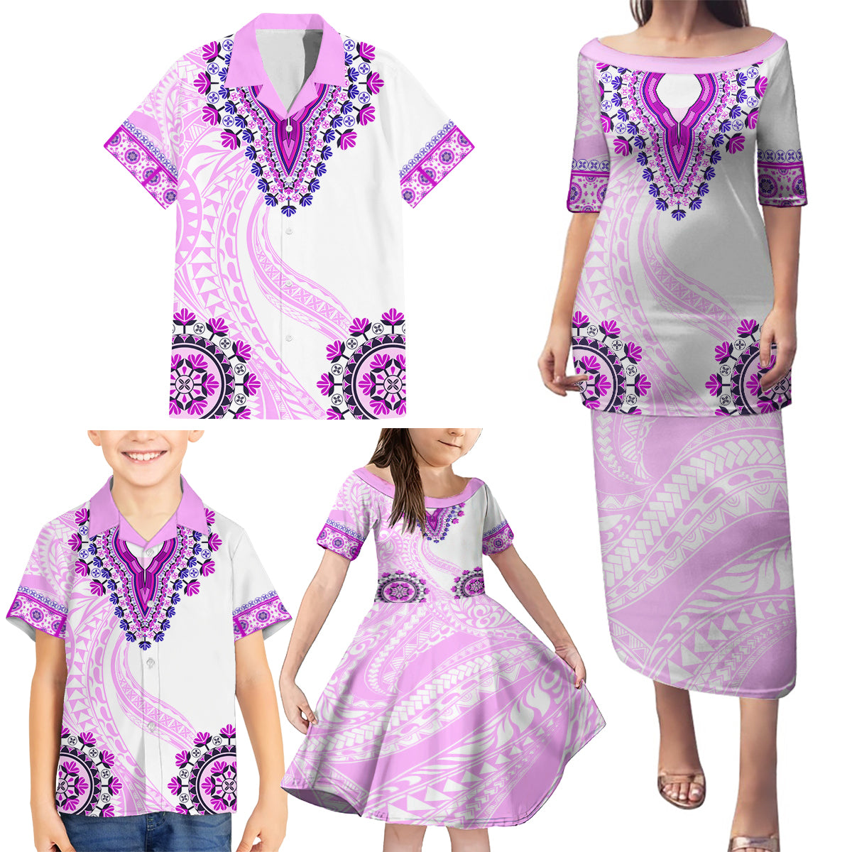 Africa Dashiki Family Matching Puletasi and Hawaiian Shirt With Polynesian Pattern Pink Version LT05 - Polynesian Pride