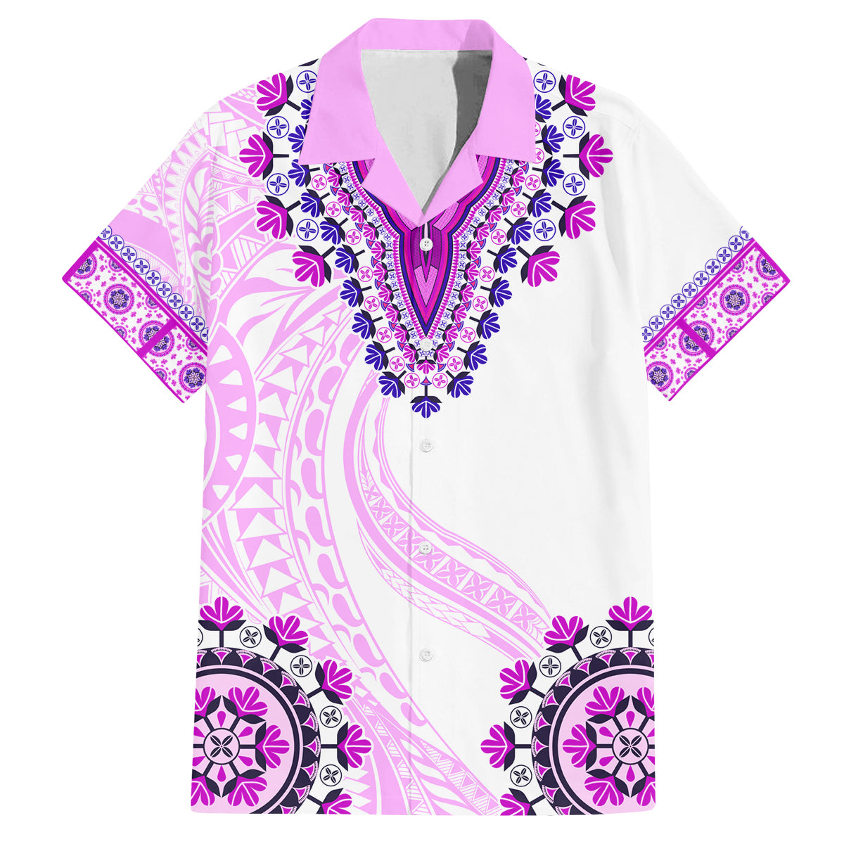 Africa Dashiki Family Matching Puletasi and Hawaiian Shirt With Polynesian Pattern Pink Version LT05 Dad's Shirt - Short Sleeve Pink - Polynesian Pride
