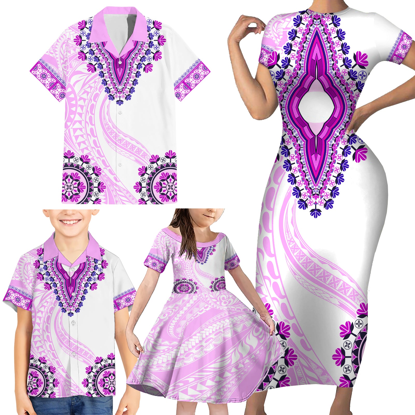 Africa Dashiki Family Matching Short Sleeve Bodycon Dress and Hawaiian Shirt With Polynesian Pattern Pink Version LT05 - Polynesian Pride