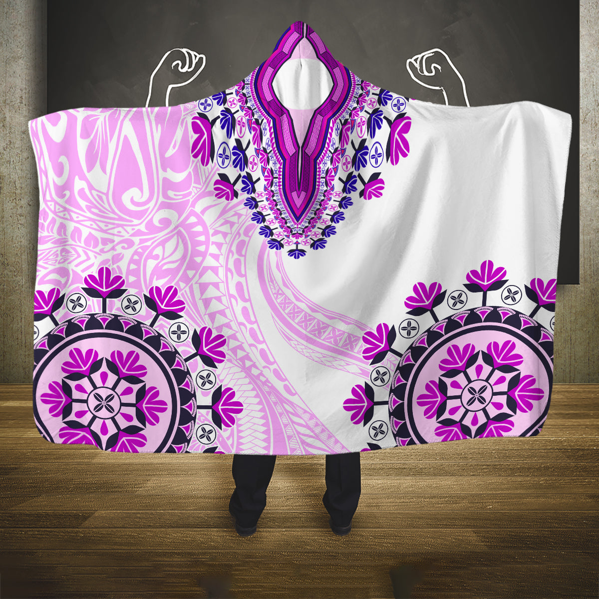 Africa Dashiki Hooded Blanket With Polynesian Pattern Pink Version