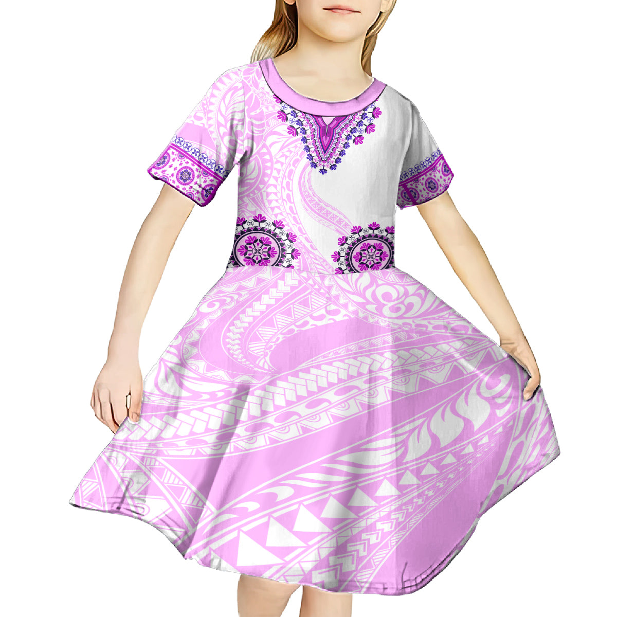Africa Dashiki Kid Short Sleeve Dress With Polynesian Pattern Pink Version LT05 - Polynesian Pride