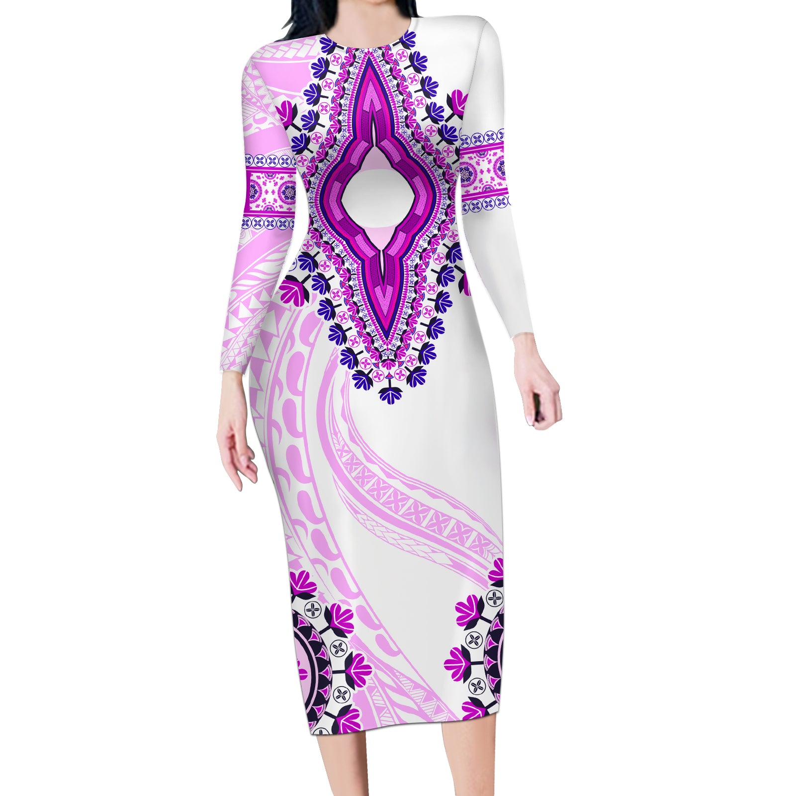 Africa Dashiki Long Sleeve Bodycon Dress With Polynesian Pattern Pink Version LT05 Long Dress Pink - Polynesian Pride