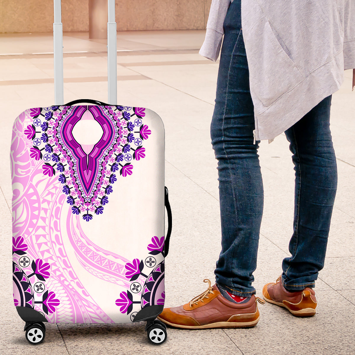 Africa Dashiki Luggage Cover With Polynesian Pattern Pink Version