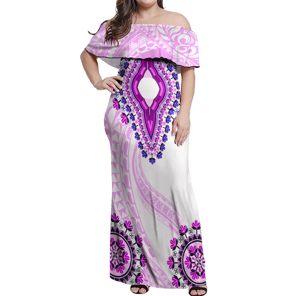 Africa Dashiki Off Shoulder Maxi Dress With Polynesian Pattern Pink Version LT05 Women Pink - Polynesian Pride