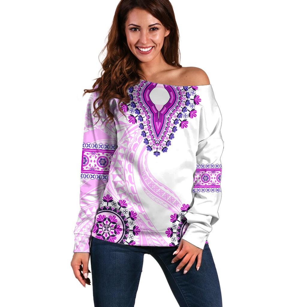 Africa Dashiki Off Shoulder Sweater With Polynesian Pattern Pink Version LT05 Women Pink - Polynesian Pride