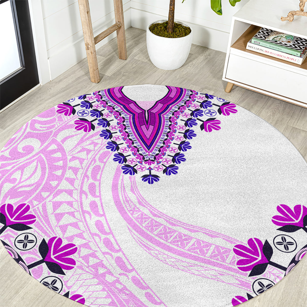 Africa Dashiki Round Carpet With Polynesian Pattern Pink Version