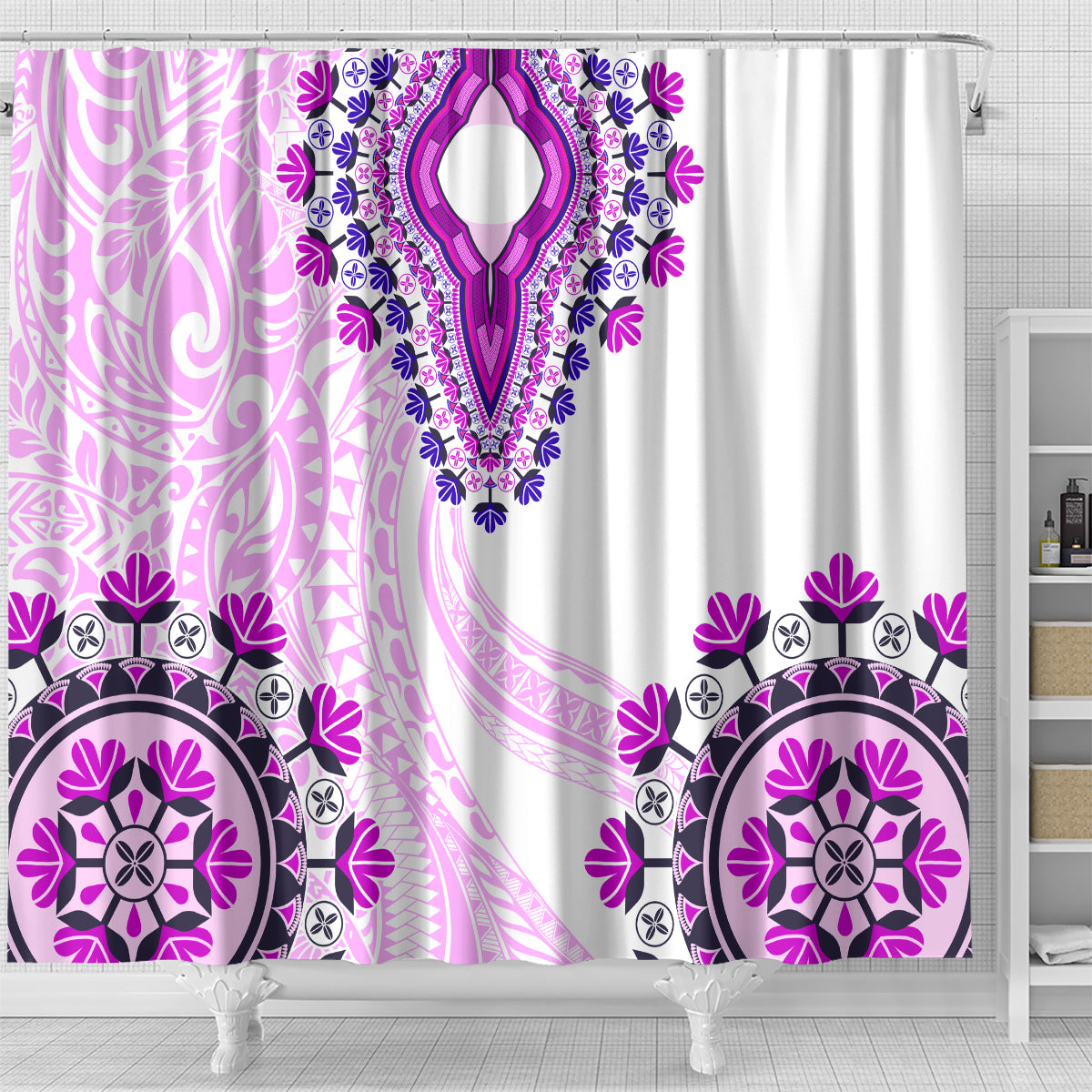 Africa Dashiki Shower Curtain With Polynesian Pattern Pink Version