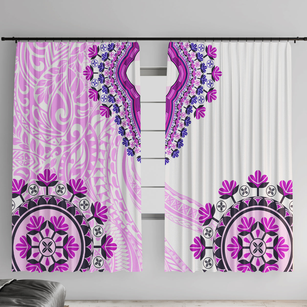 Africa Dashiki Window Curtain With Polynesian Pattern Pink Version