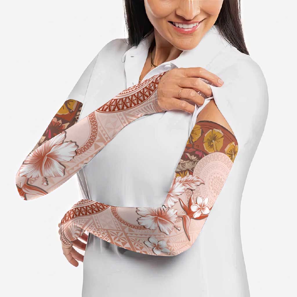 Tonga Ngatu Pattern With Light Tabasco Hibiscus Arm Sleeves Oil Painting Style LT05 - Polynesian Pride