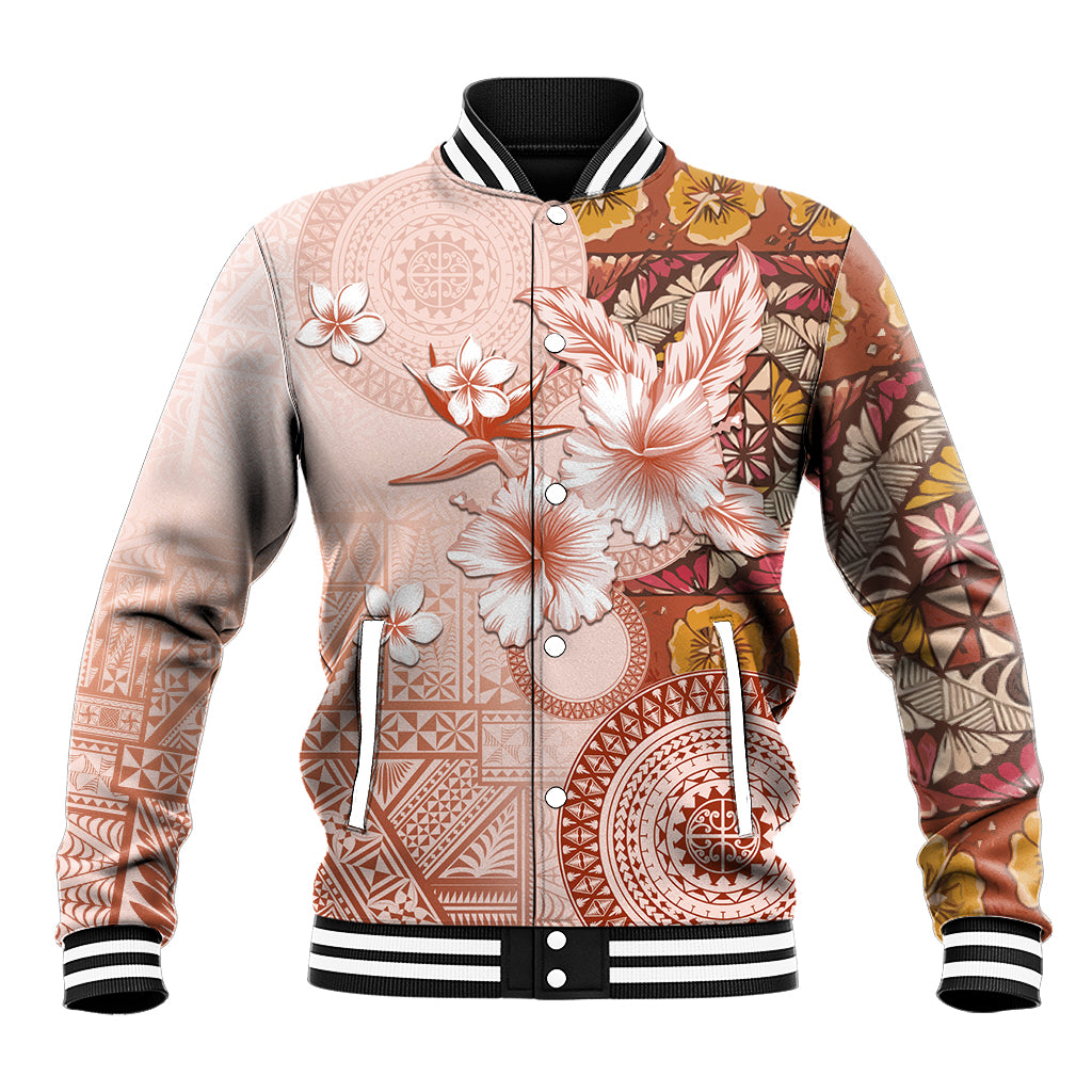 Tonga Ngatu Pattern With Light Tabasco Hibiscus Baseball Jacket Oil Painting Style LT05 Unisex Light Tabasco - Polynesian Pride