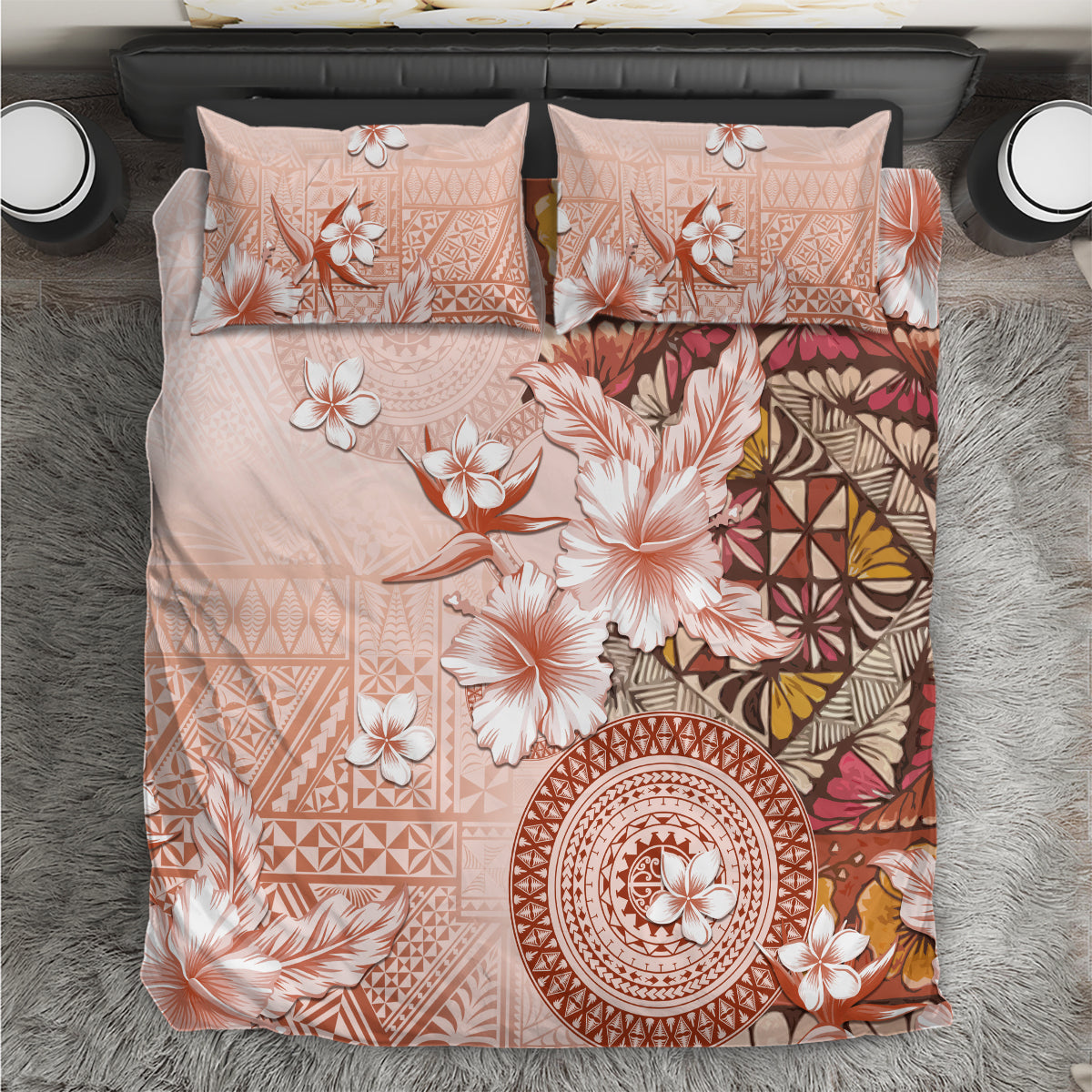 Tonga Ngatu Pattern With Light Tabasco Hibiscus Bedding Set Oil Painting Style