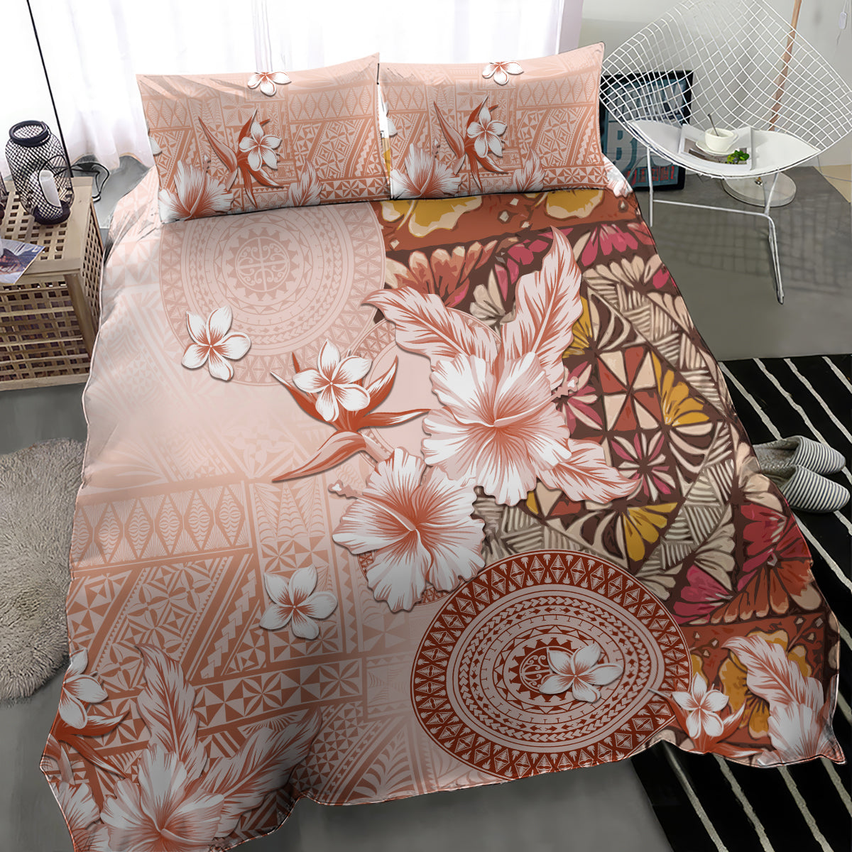 Tonga Ngatu Pattern With Light Tabasco Hibiscus Bedding Set Oil Painting Style