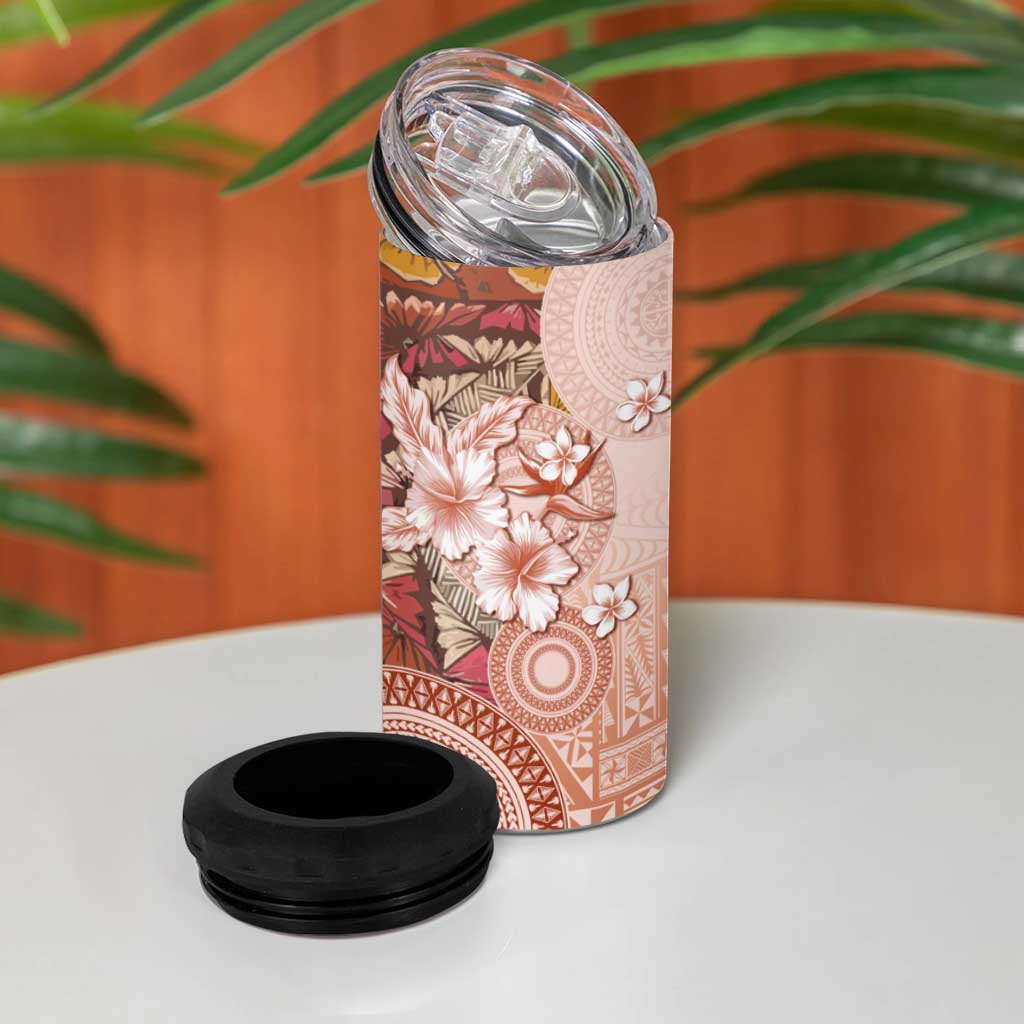 Tonga Ngatu Pattern With Light Tabasco Hibiscus 4 in 1 Can Cooler Tumbler Oil Painting Style